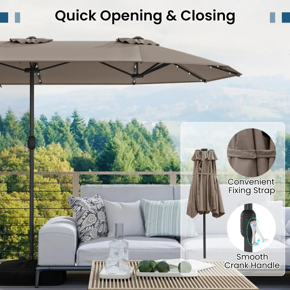 13FT Double-sided Patio Umbrella with Solar Lights for Garden Pool Backyard-Coffee - Coffee - Outdoor Umbrellas