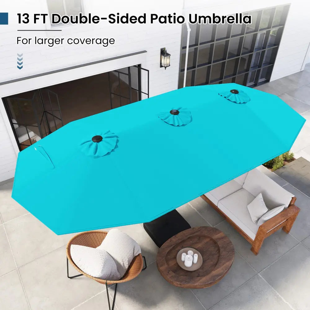 13FT Double-sided Patio Umbrella with Solar Lights for Garden Pool Backyard-Turquoise - Turquoise - Outdoor Umbrellas