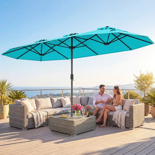 13FT Double-sided Patio Umbrella with Solar Lights for Garden Pool Backyard-Turquoise - Turquoise - Outdoor Umbrellas