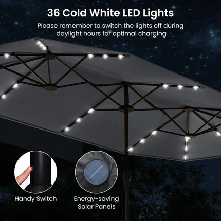 13FT Double-sided Patio Umbrella with Solar Lights for Garden Pool Backyard-Gray - Gray - Outdoor Umbrellas