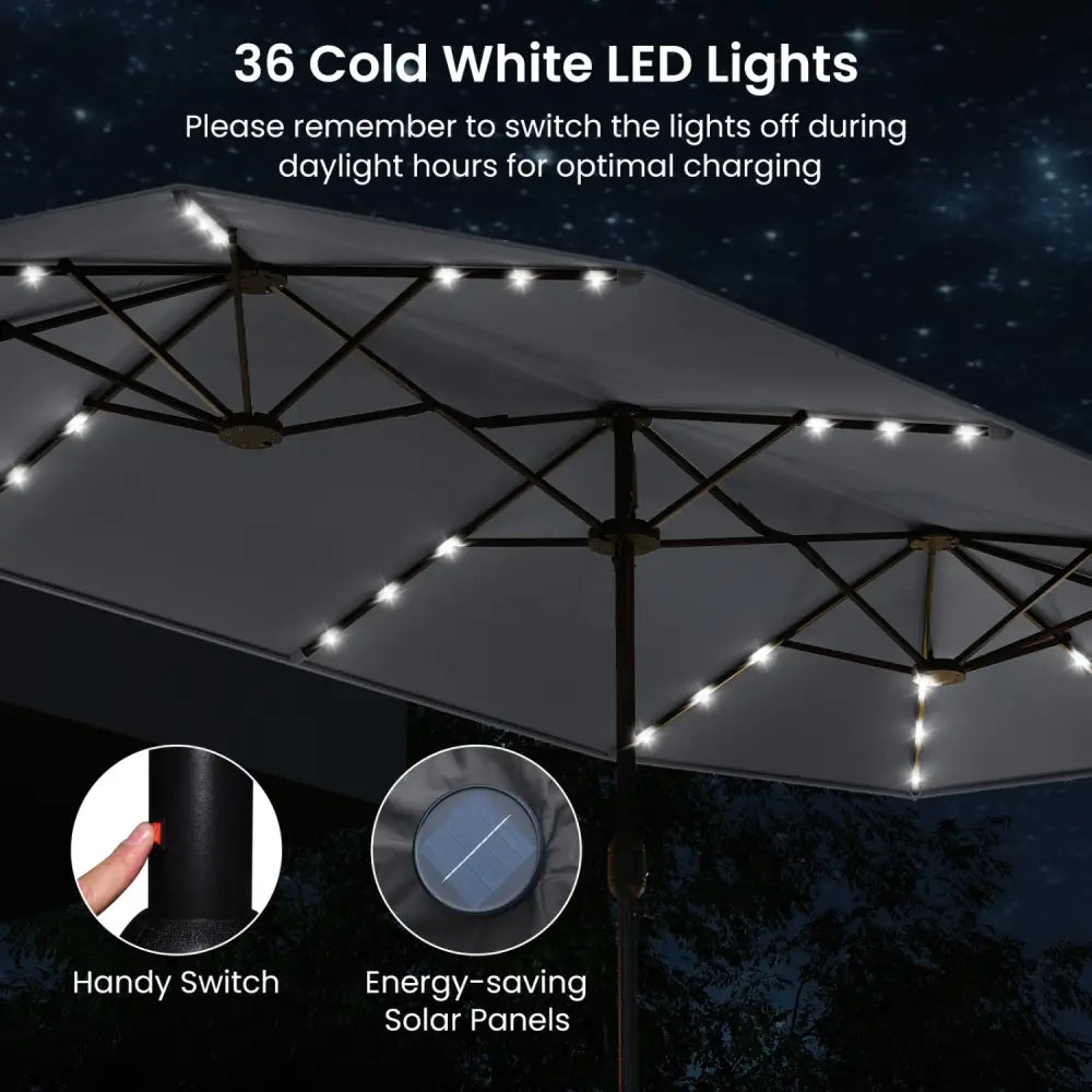 13FT Double-sided Patio Umbrella with Solar Lights for Garden Pool Backyard-Gray - Gray - Outdoor Umbrellas