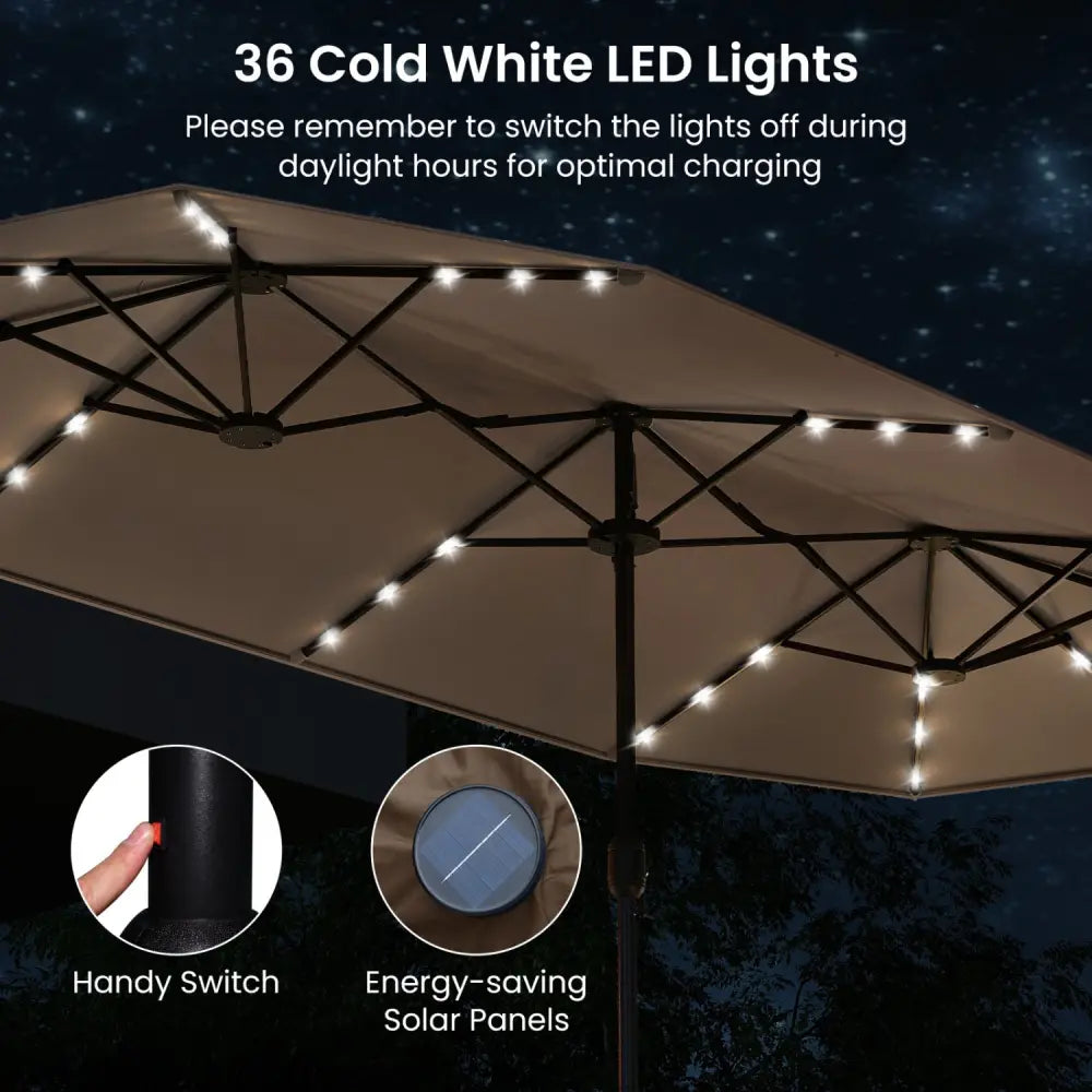 13FT Double-sided Patio Umbrella with Solar Lights for Garden Pool Backyard-Coffee - Coffee - Outdoor Umbrellas