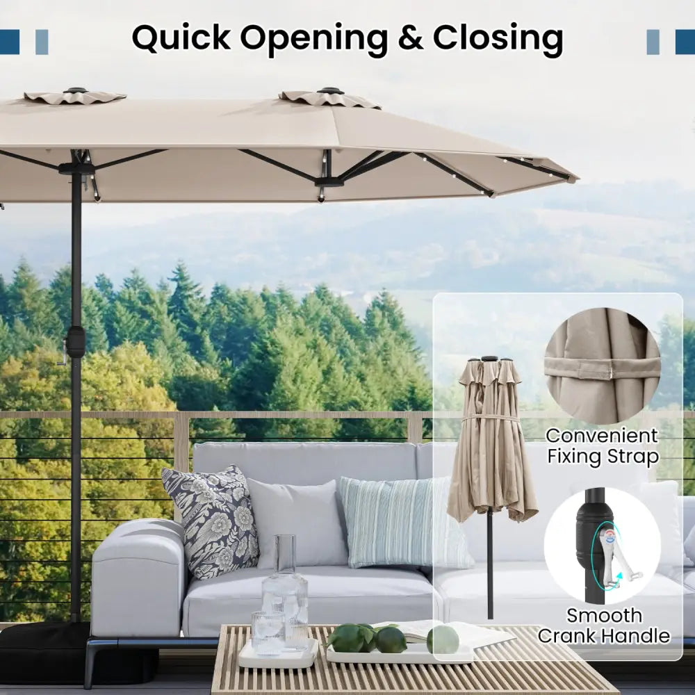 13FT Double-sided Patio Umbrella with Solar Lights for Garden Pool Backyard-Beige - Beige - Outdoor Umbrellas