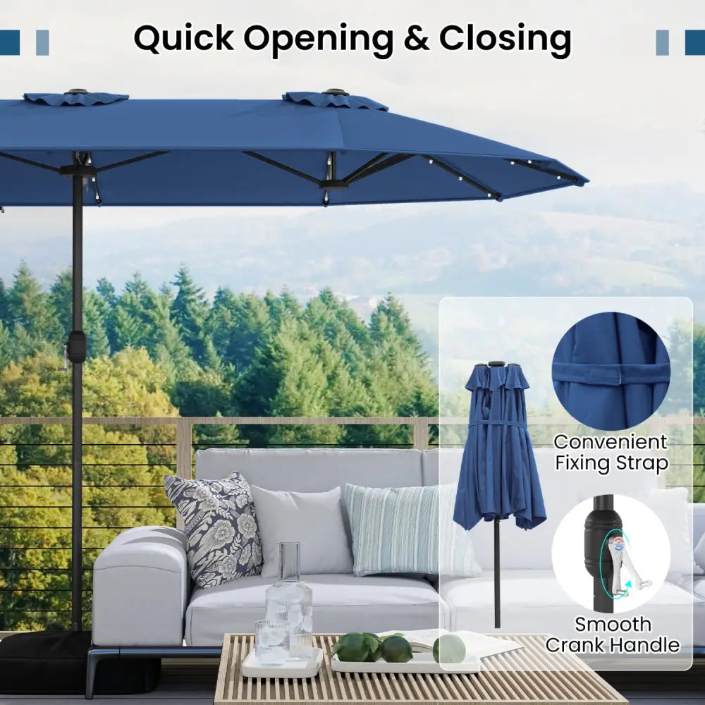 13FT Double-sided Patio Umbrella with Solar Lights for Garden Pool Backyard-Navy - Navy - Outdoor Umbrellas