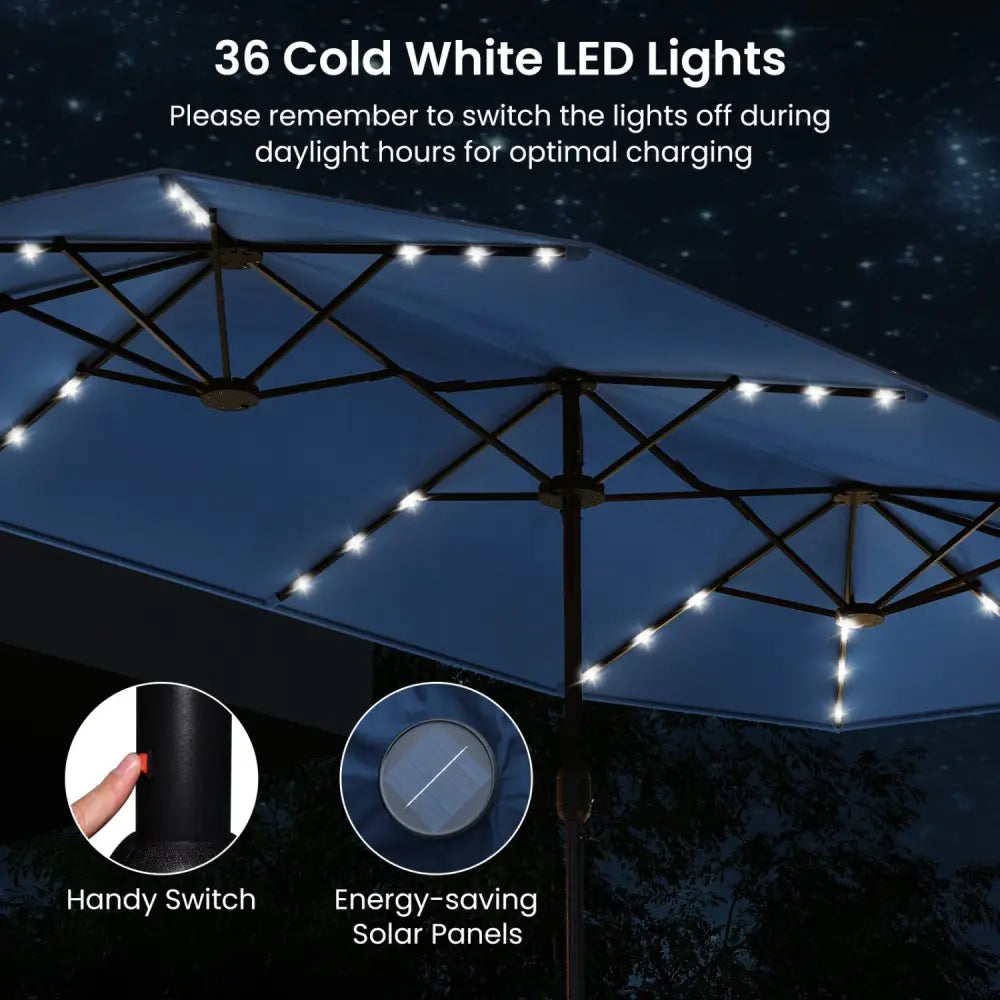 13FT Double-sided Patio Umbrella with Solar Lights for Garden Pool Backyard-Navy - Navy - Outdoor Umbrellas