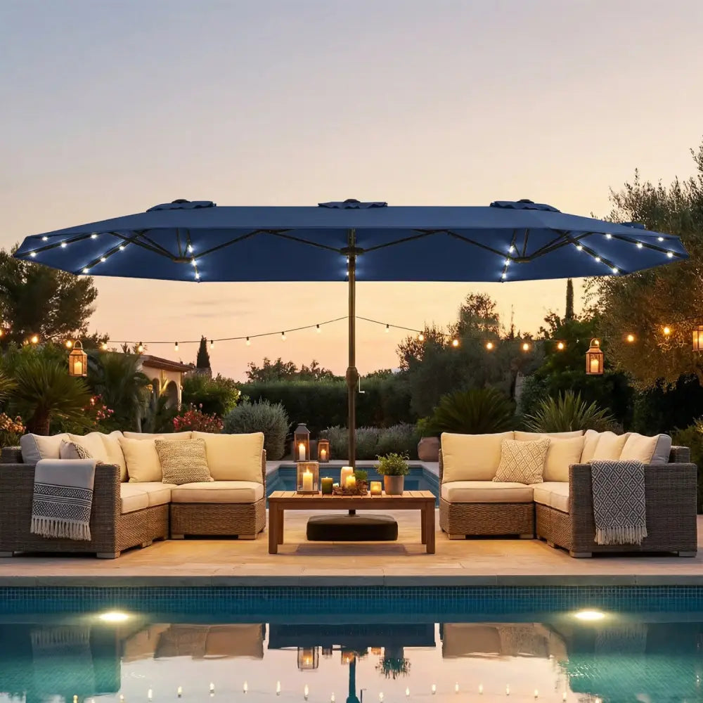13FT Double-sided Patio Umbrella with Solar Lights for Garden Pool Backyard-Navy - Navy - Outdoor Umbrellas