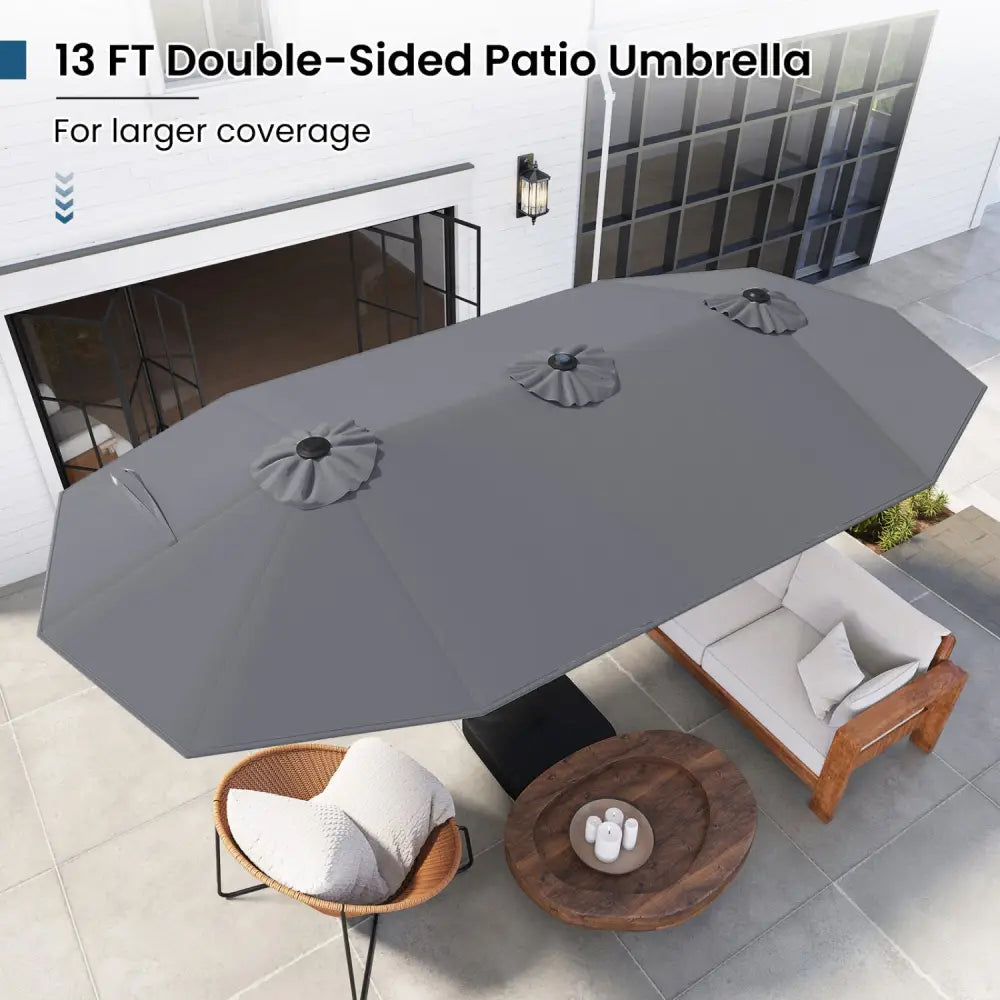13FT Double-sided Patio Umbrella with Solar Lights for Garden Pool Backyard-Gray - Gray - Outdoor Umbrellas