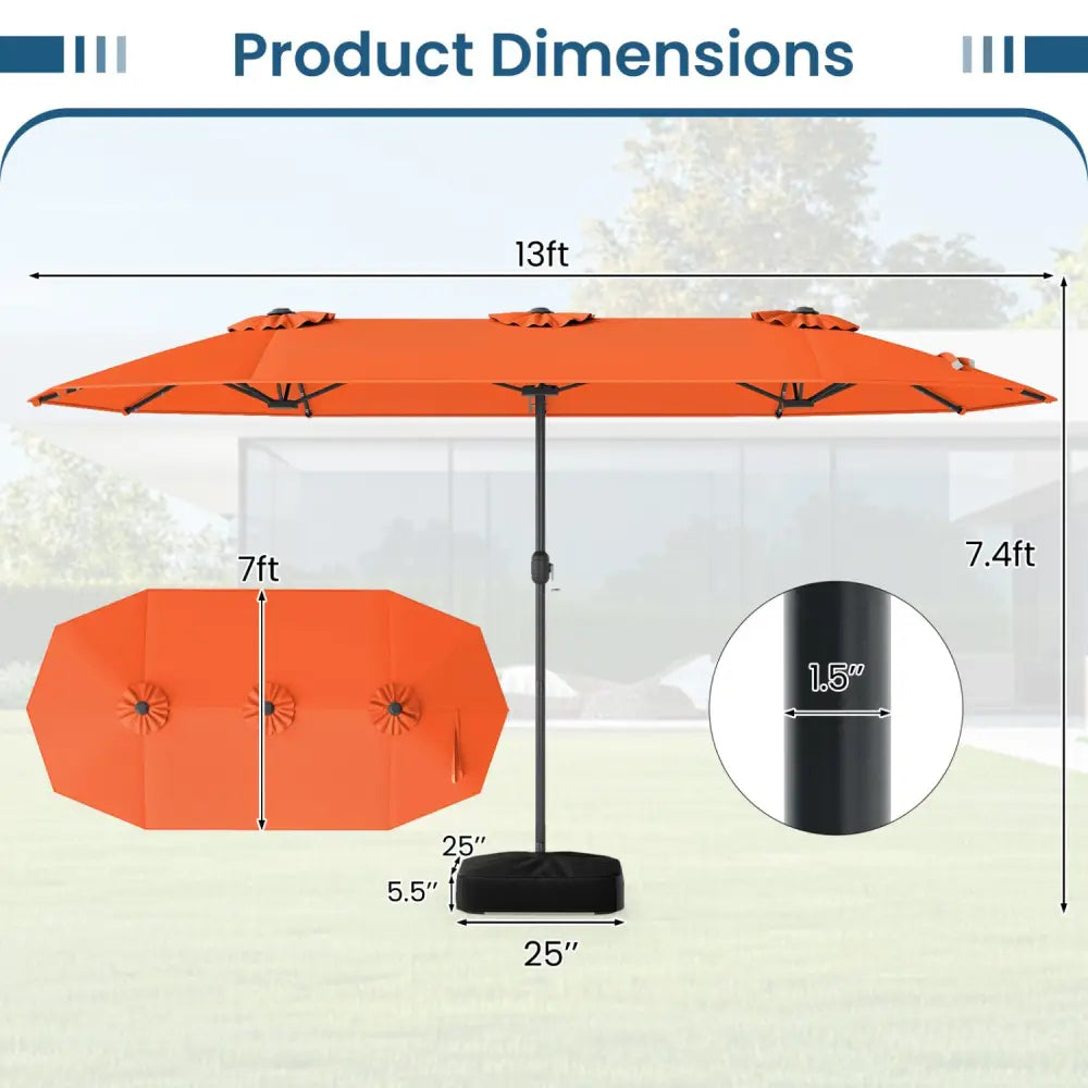 13FT Double-sided Patio Umbrella with Solar Lights for Garden Pool Backyard-Orange - Orange - Outdoor Umbrellas
