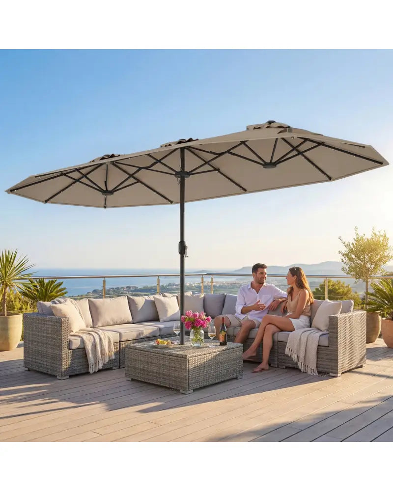 13FT Double-sided Patio Umbrella with Solar Lights for Garden Pool Backyard-Coffee - Coffee - Outdoor Umbrellas