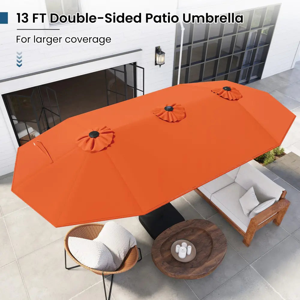 13FT Double-sided Patio Umbrella with Solar Lights for Garden Pool Backyard-Orange - Orange - Outdoor Umbrellas