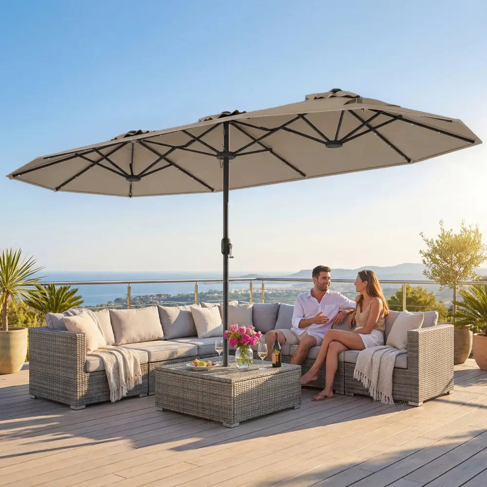 13FT Double-sided Patio Umbrella with Solar Lights for Garden Pool Backyard-Coffee - Coffee - Outdoor Umbrellas