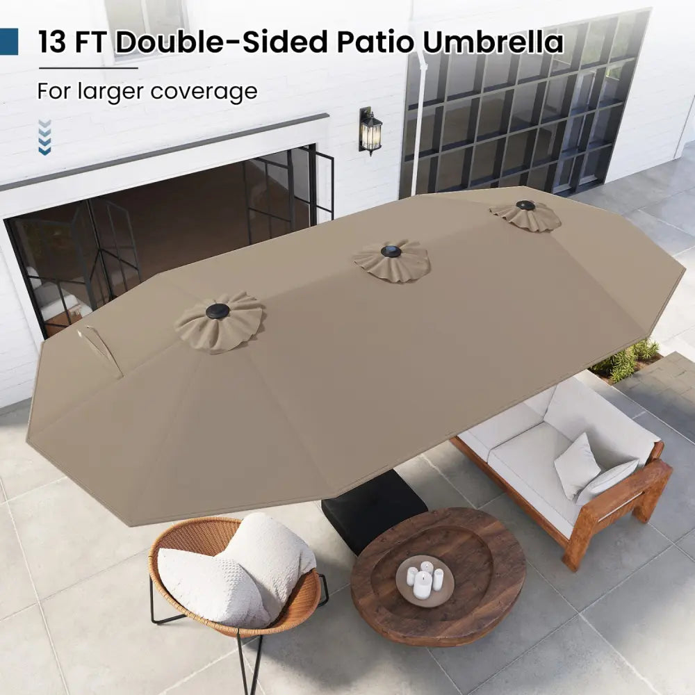 13FT Double-sided Patio Umbrella with Solar Lights for Garden Pool Backyard-Coffee - Coffee - Outdoor Umbrellas