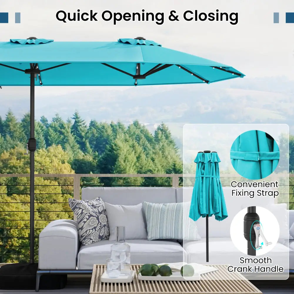 13FT Double-sided Patio Umbrella with Solar Lights for Garden Pool Backyard-Turquoise - Turquoise - Outdoor Umbrellas