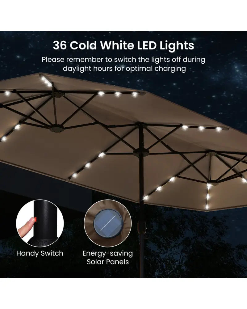 13FT Double-sided Patio Umbrella with Solar Lights for Garden Pool Backyard-Coffee - Coffee - Outdoor Umbrellas