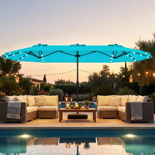 13FT Double-sided Patio Umbrella with Solar Lights for Garden Pool Backyard-Turquoise - Turquoise - Outdoor Umbrellas