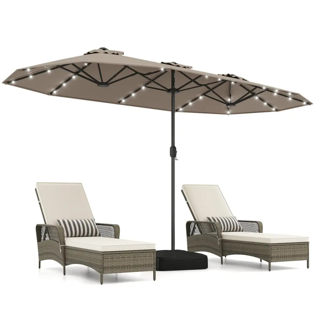 13FT Double-sided Patio Umbrella with Solar Lights for Garden Pool Backyard-Coffee - Coffee - Outdoor Umbrellas