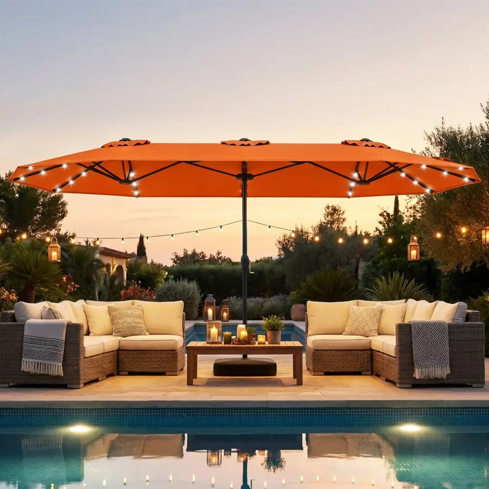 13FT Double-sided Patio Umbrella with Solar Lights for Garden Pool Backyard-Orange - Orange - Outdoor Umbrellas