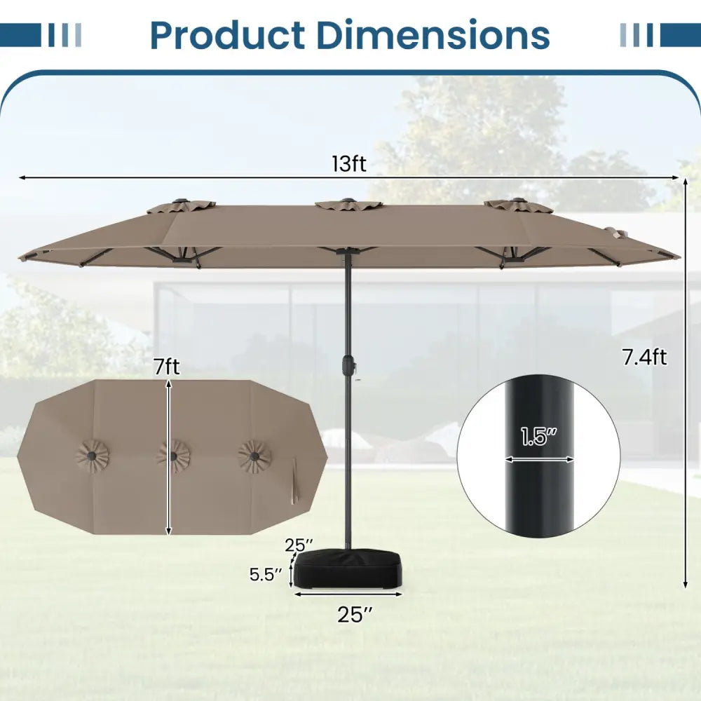13FT Double-sided Patio Umbrella with Solar Lights for Garden Pool Backyard-Coffee - Coffee - Outdoor Umbrellas