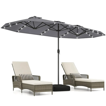 13FT Double-sided Patio Umbrella with Solar Lights for Garden Pool Backyard-Gray - Gray - Outdoor Umbrellas