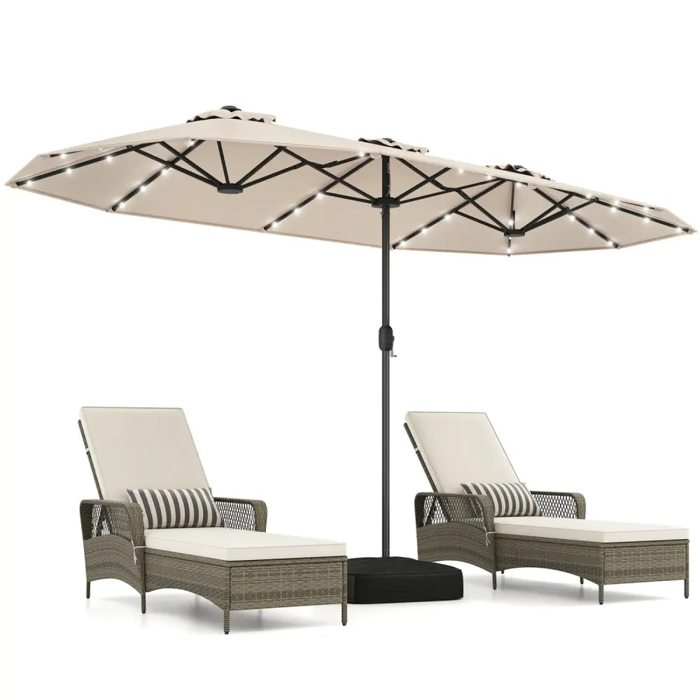 13FT Double-sided Patio Umbrella with Solar Lights for Garden Pool Backyard-Beige - Beige - Outdoor Umbrellas