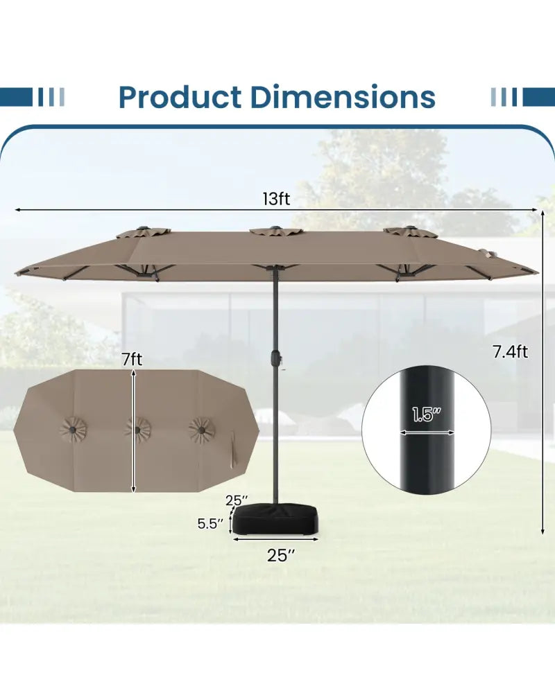 13FT Double-sided Patio Umbrella with Solar Lights for Garden Pool Backyard-Coffee - Coffee - Outdoor Umbrellas