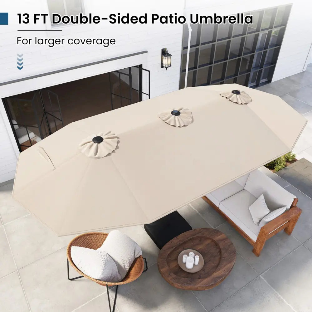 13FT Double-sided Patio Umbrella with Solar Lights for Garden Pool Backyard-Beige - Beige - Outdoor Umbrellas