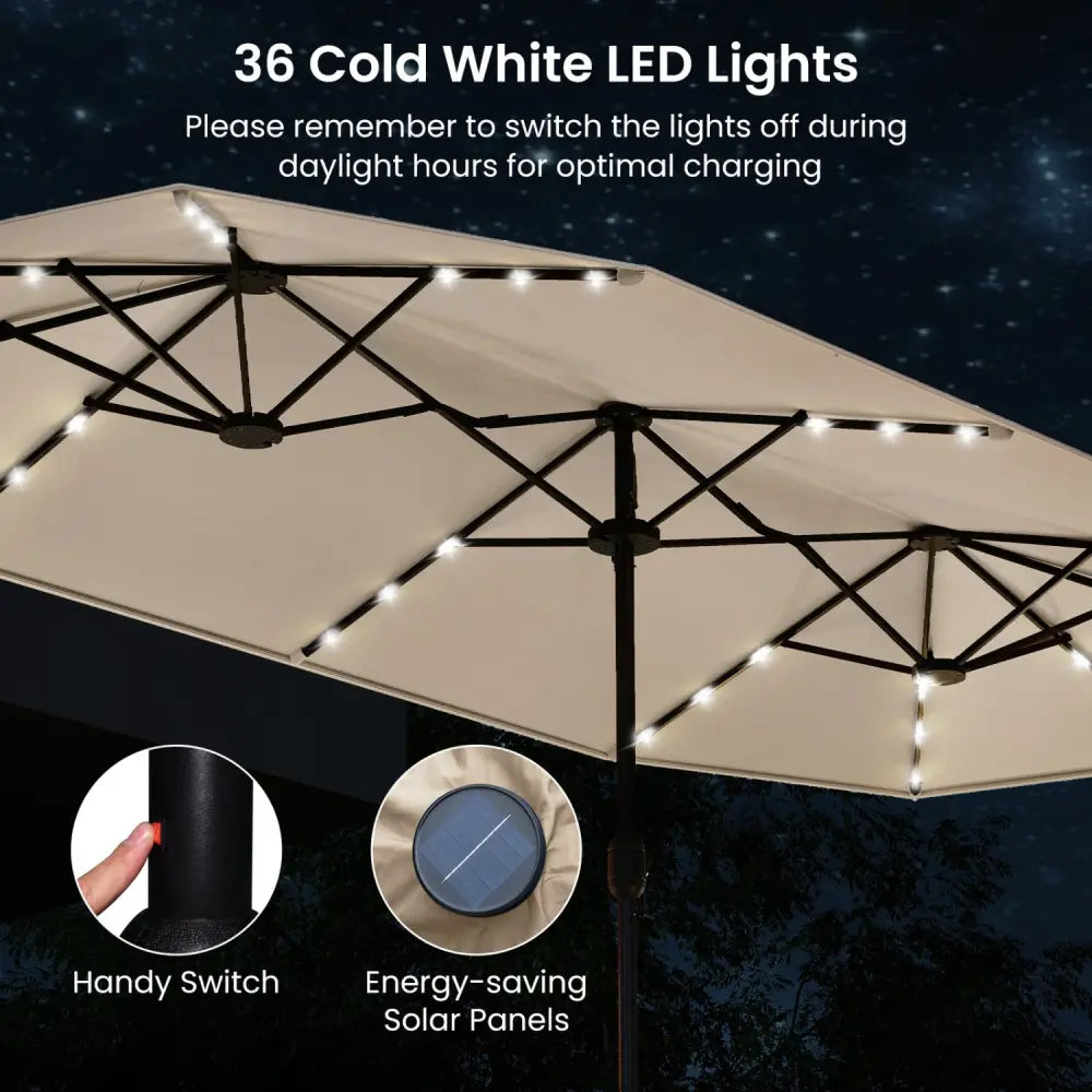 13FT Double-sided Patio Umbrella with Solar Lights for Garden Pool Backyard-Beige - Beige - Outdoor Umbrellas