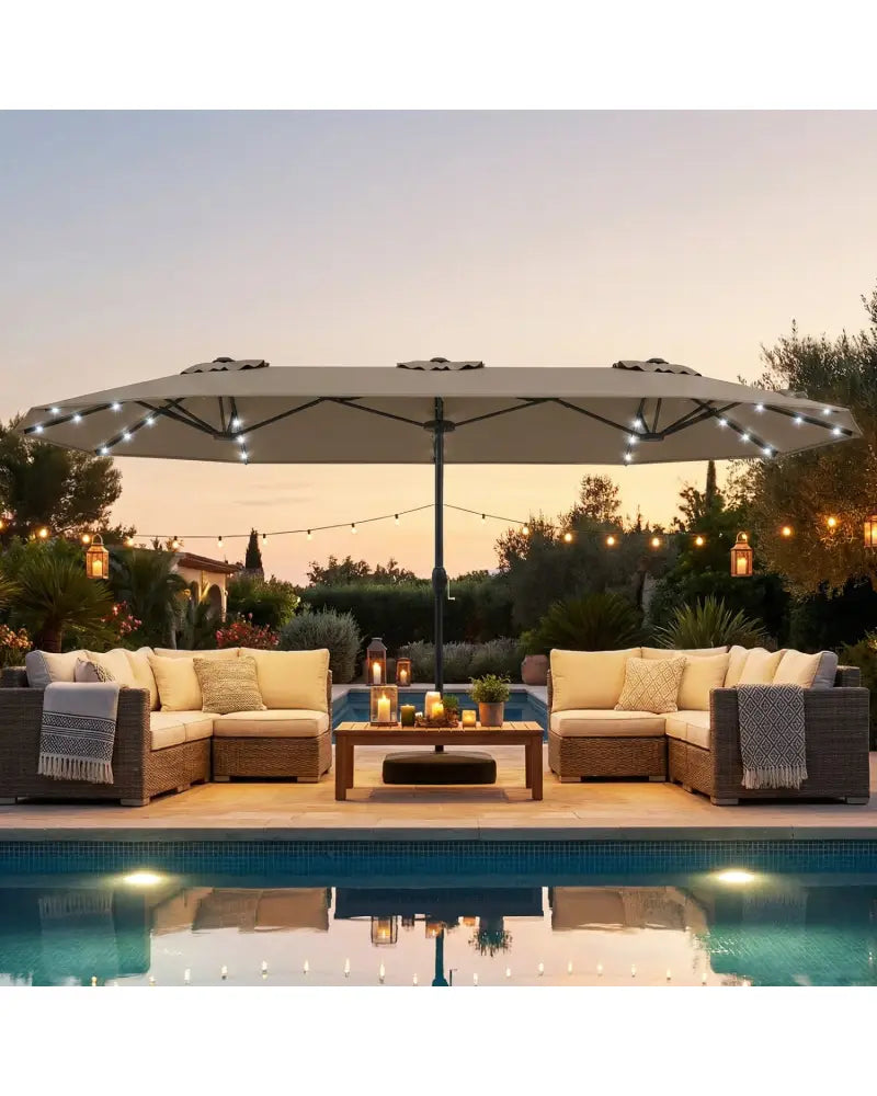 13FT Double-sided Patio Umbrella with Solar Lights for Garden Pool Backyard-Coffee - Coffee - Outdoor Umbrellas
