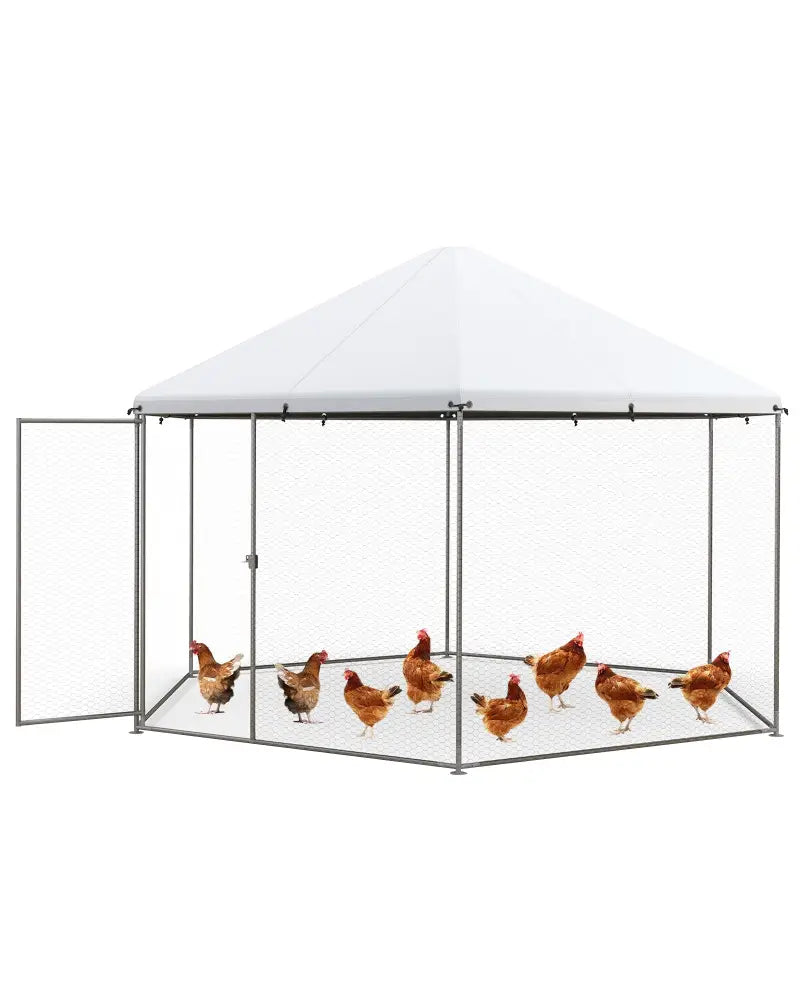 13FT Large Metal Hexagonal Chicken Coop with Wire Mesh and Lockable Door - Silver - Chicken Coops