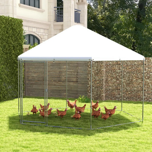 13FT Large Metal Hexagonal Chicken Coop with Wire Mesh and Lockable Door - Silver - Chicken Coops