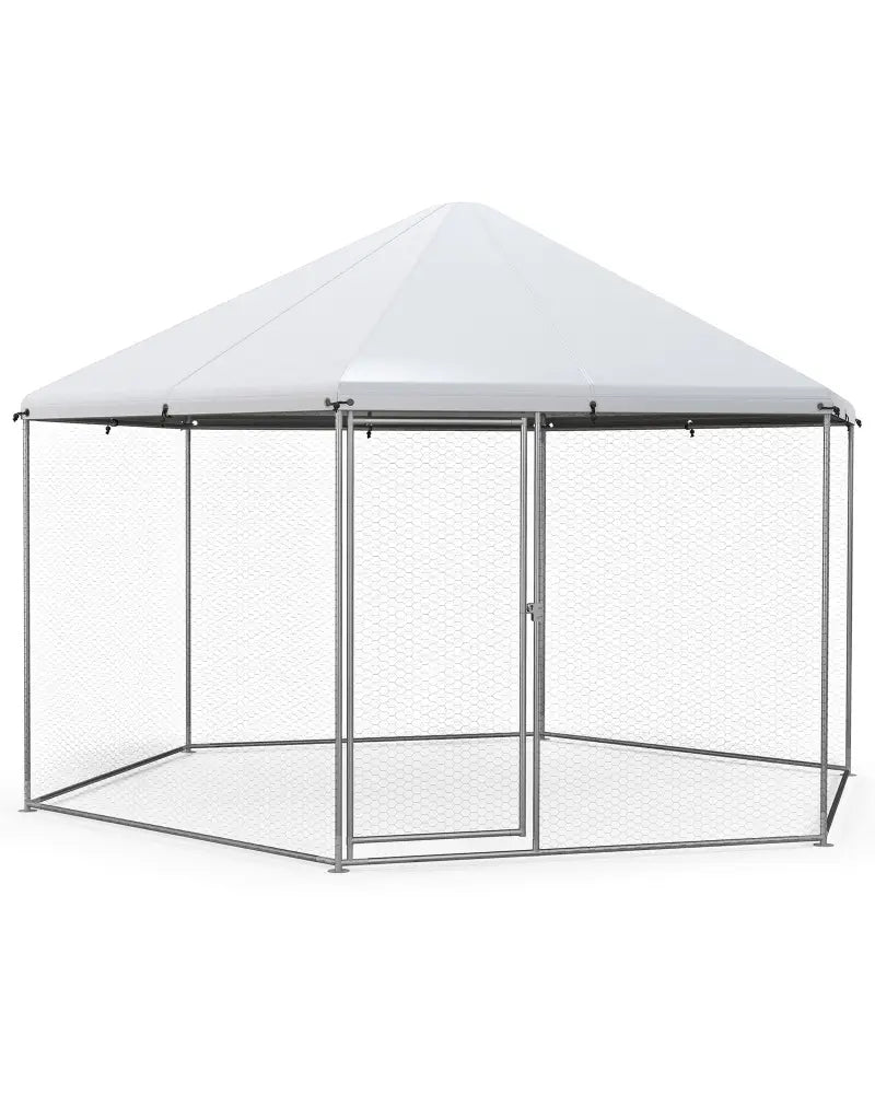 13FT Large Metal Hexagonal Chicken Coop with Wire Mesh and Lockable Door - Silver - Chicken Coops