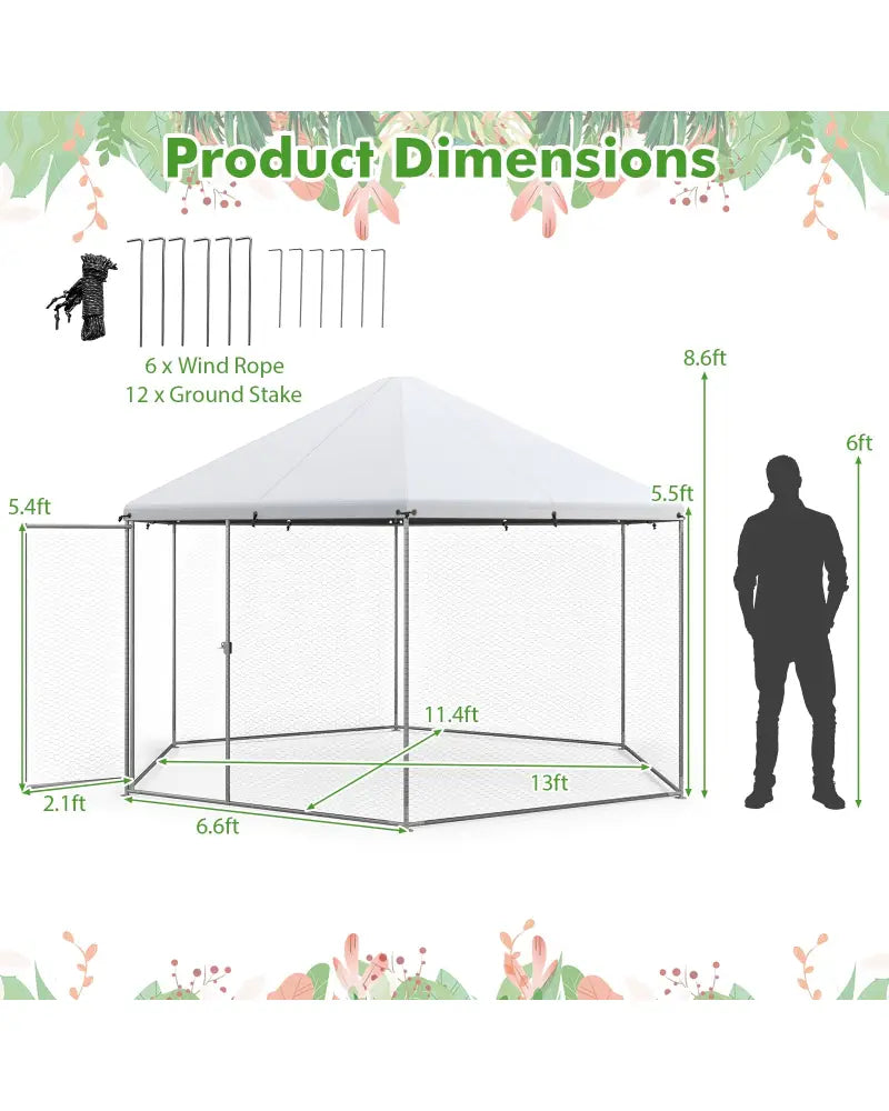 13FT Large Metal Hexagonal Chicken Coop with Wire Mesh and Lockable Door - Silver - Chicken Coops