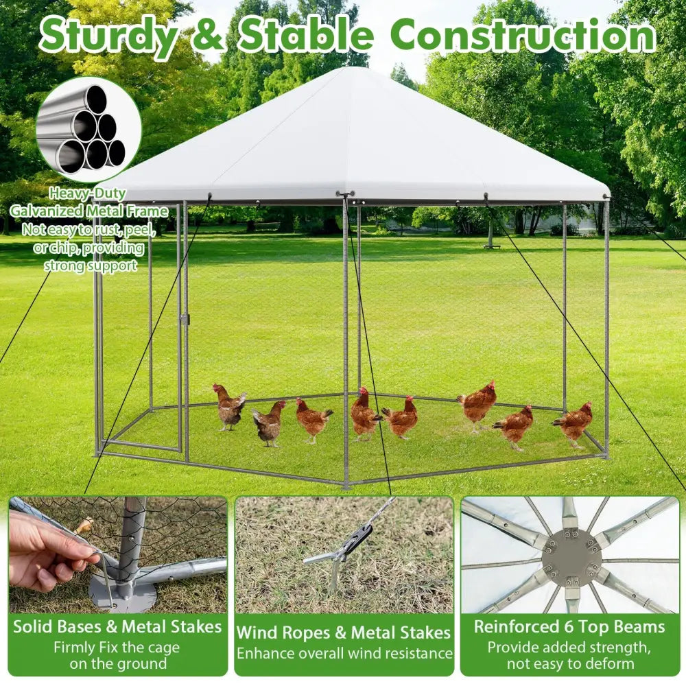 13FT Large Metal Hexagonal Chicken Coop with Wire Mesh and Lockable Door - Silver - Chicken Coops