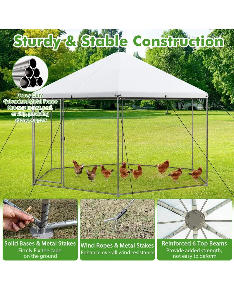 13FT Large Metal Hexagonal Chicken Coop with Wire Mesh and Lockable Door - Silver - Chicken Coops