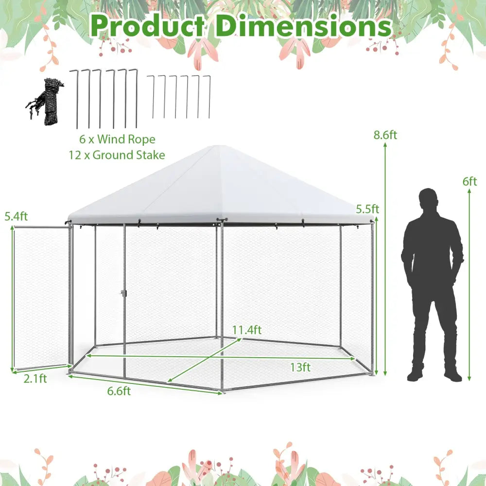 13FT Large Metal Hexagonal Chicken Coop with Wire Mesh and Lockable Door - Silver - Chicken Coops