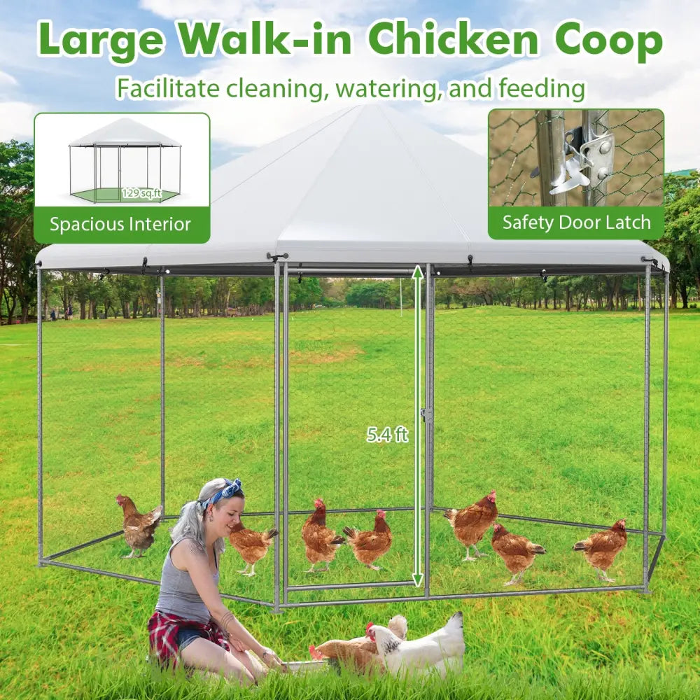 13FT Large Metal Hexagonal Chicken Coop with Wire Mesh and Lockable Door - Silver - Chicken Coops