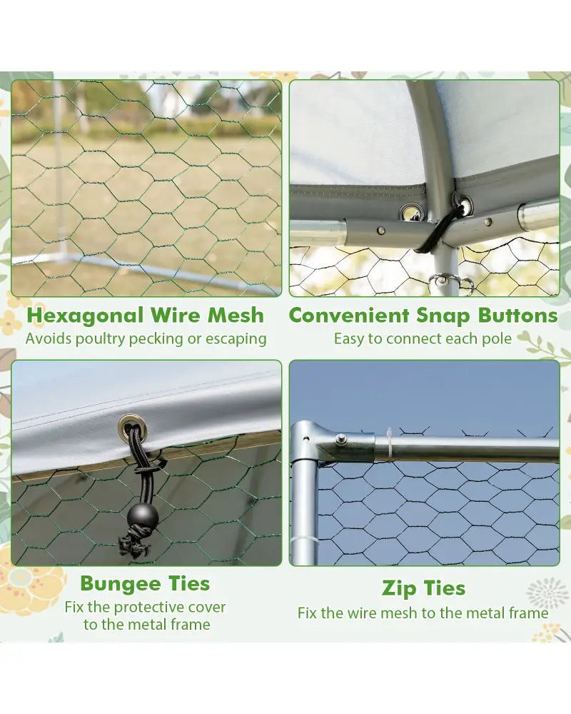 13FT Large Metal Hexagonal Chicken Coop with Wire Mesh and Lockable Door - Silver - Chicken Coops