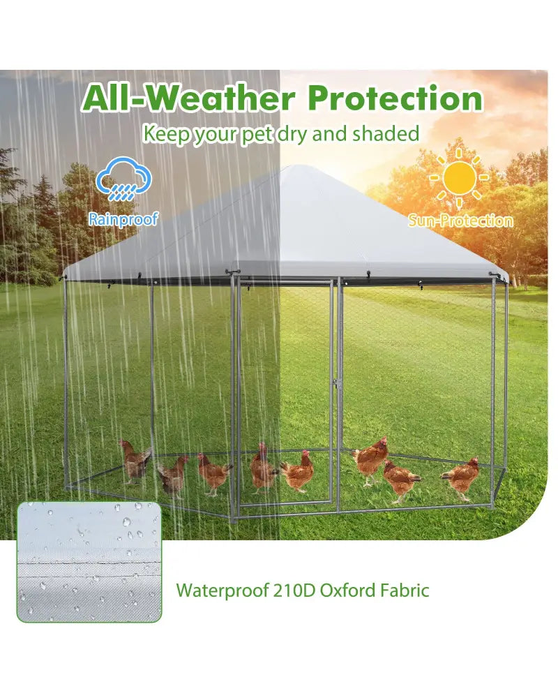 13FT Large Metal Hexagonal Chicken Coop with Wire Mesh and Lockable Door - Silver - Chicken Coops