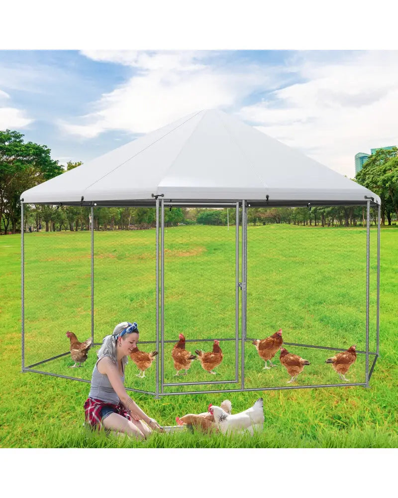 13FT Large Metal Hexagonal Chicken Coop with Wire Mesh and Lockable Door - Silver - Chicken Coops