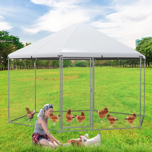 13FT Large Metal Hexagonal Chicken Coop with Wire Mesh and Lockable Door - Silver - Chicken Coops