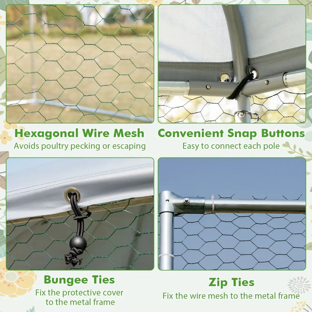 13FT Large Metal Hexagonal Chicken Coop with Wire Mesh and Lockable Door - Silver - Chicken Coops