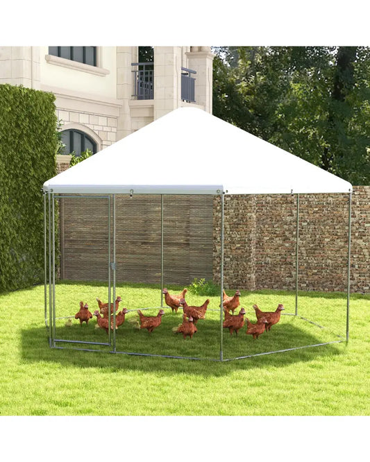 13FT Large Metal Hexagonal Chicken Coop with Wire Mesh and Lockable Door - Silver - Chicken Coops