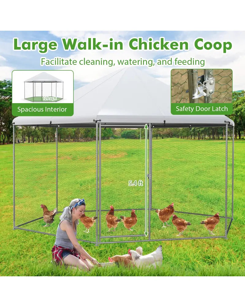13FT Large Metal Hexagonal Chicken Coop with Wire Mesh and Lockable Door - Silver - Chicken Coops
