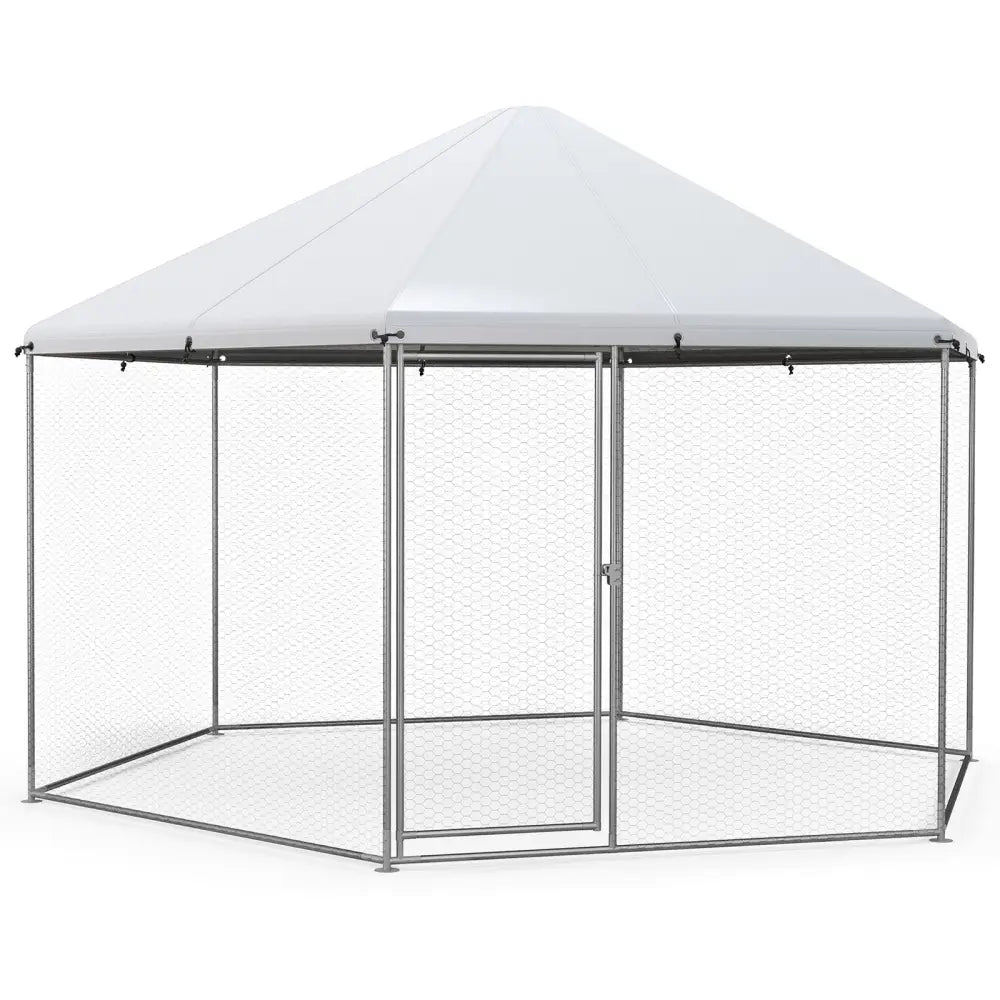 13FT Large Metal Hexagonal Chicken Coop with Wire Mesh and Lockable Door - Silver - Chicken Coops