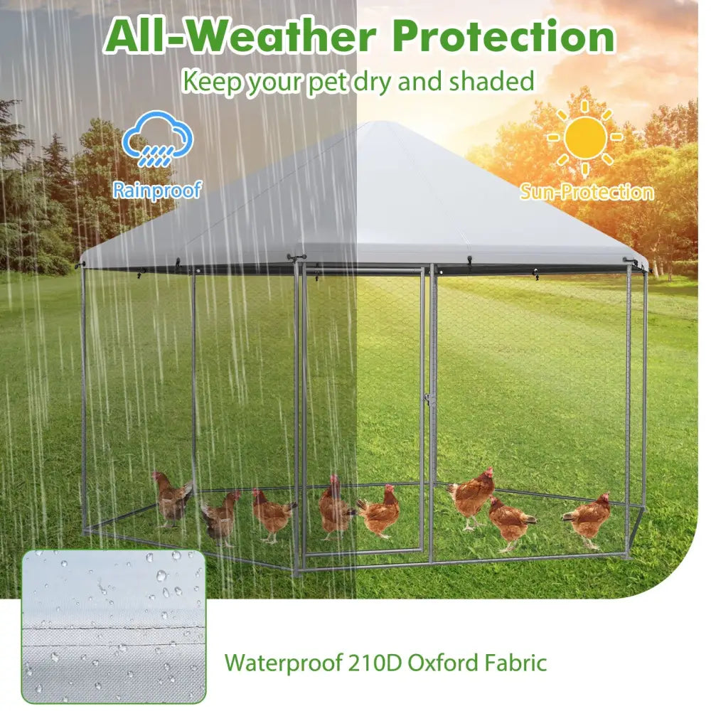 13FT Large Metal Hexagonal Chicken Coop with Wire Mesh and Lockable Door - Silver - Chicken Coops