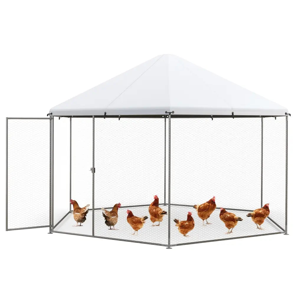 13FT Large Metal Hexagonal Chicken Coop with Wire Mesh and Lockable Door - Silver - Chicken Coops