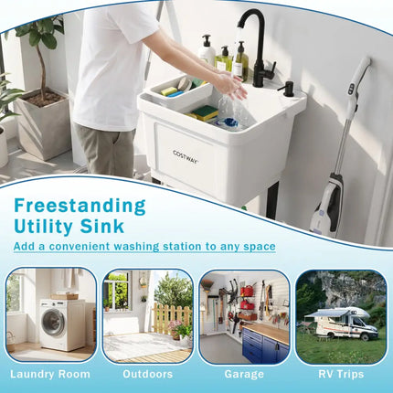 14.5 Gal Utility Sink Laundry Tub with Rotating Faucet and Adjustable Legs-S - Garages