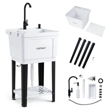 14.5 Gal Utility Sink Laundry Tub with Rotating Faucet and Adjustable Legs-S - Garages