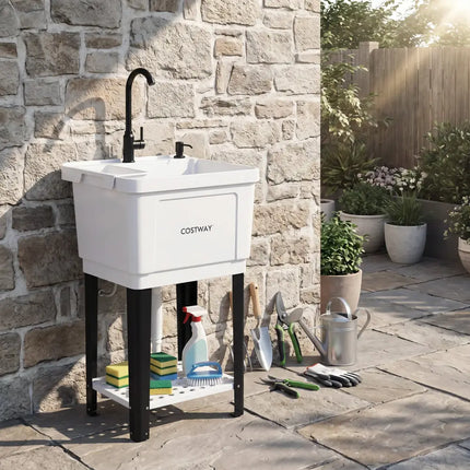 14.5 Gal Utility Sink Laundry Tub with Rotating Faucet and Adjustable Legs-S - Garages