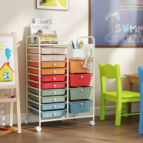 14-Drawer Rolling Storage Cart with Metal Tabletop and Pegboard-Macaron - Macaron - File Cabinets